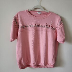 Pink Embroidered Short Sleeve Sweater